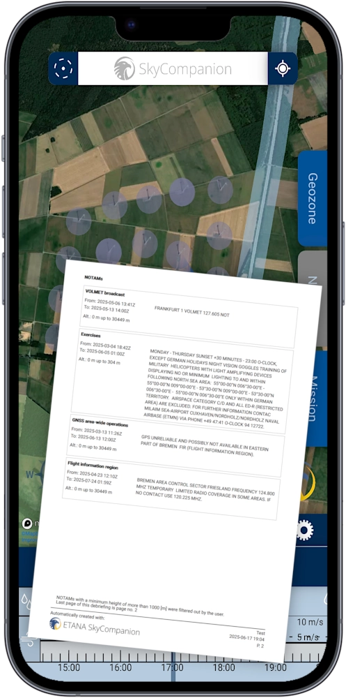 Smartphone with screenshot of app SkyCompanion showing a satellite map and a mission protocol