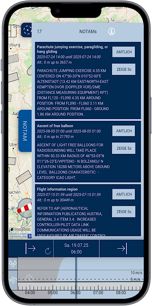 Smartphone with screenshot of app SkyCompanion showing a list of NOTAMs and a time slider element with weather data
