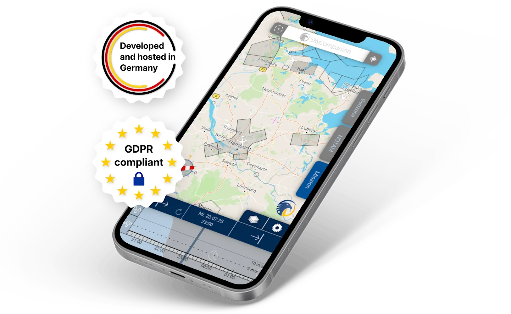 Smartphone with screenshot of app SkyCompanion showing a map with air traffic, air spaces and a time slider element with weather data