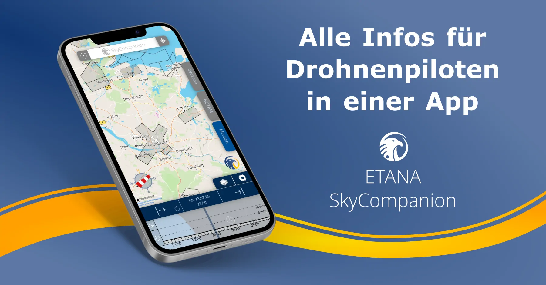 Smartphone mit Screenshot der App SkyCompanion, die eine Karte mit Luftverkehr, Lufträumen und einem Zeitschieberegler mit Wetterdaten anzeigt.