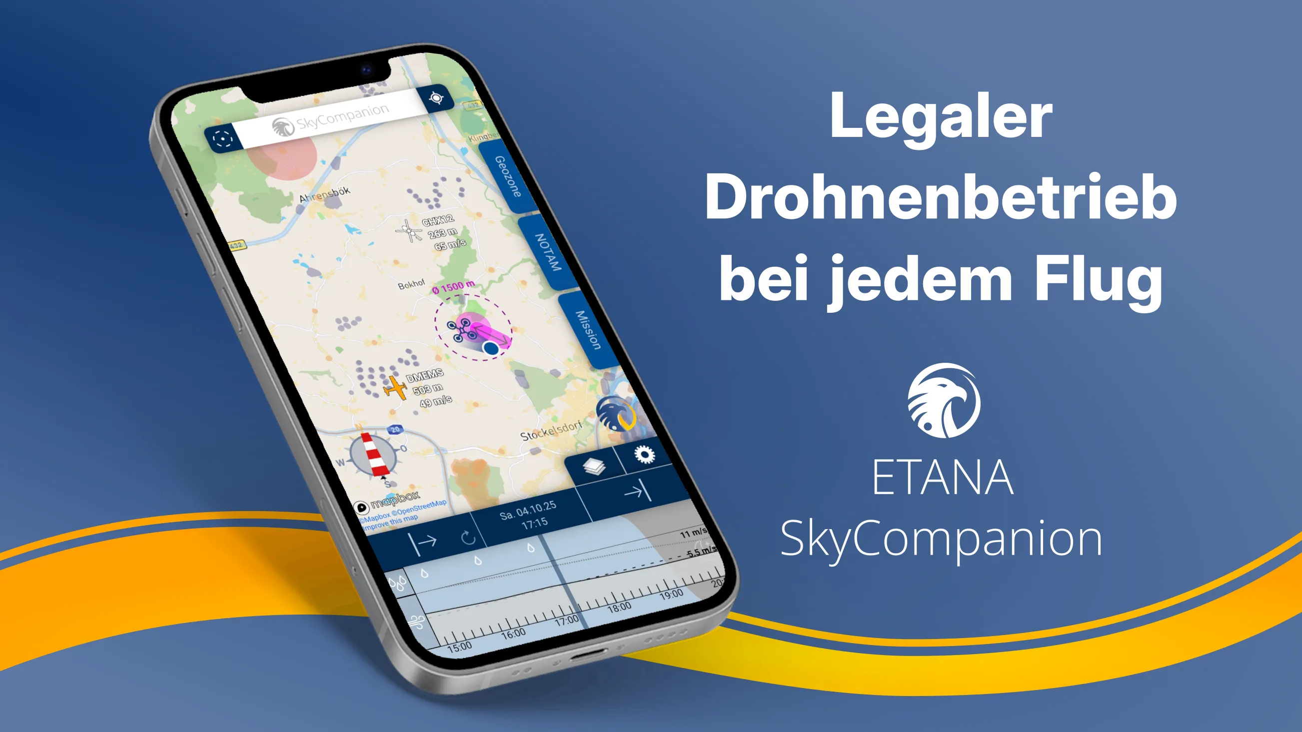 Smartphone mit Screenshot der App SkyCompanion, die eine Karte mit Luftverkehr, Lufträumen und einem Zeitschieberegler mit Wetterdaten anzeigt.