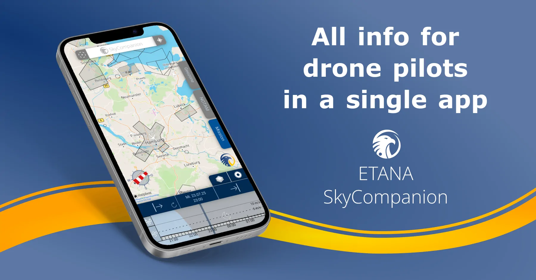 Smartphone with screenshot of app SkyCompanion showing a map with air traffic, air spaces and a time slider element with weather data