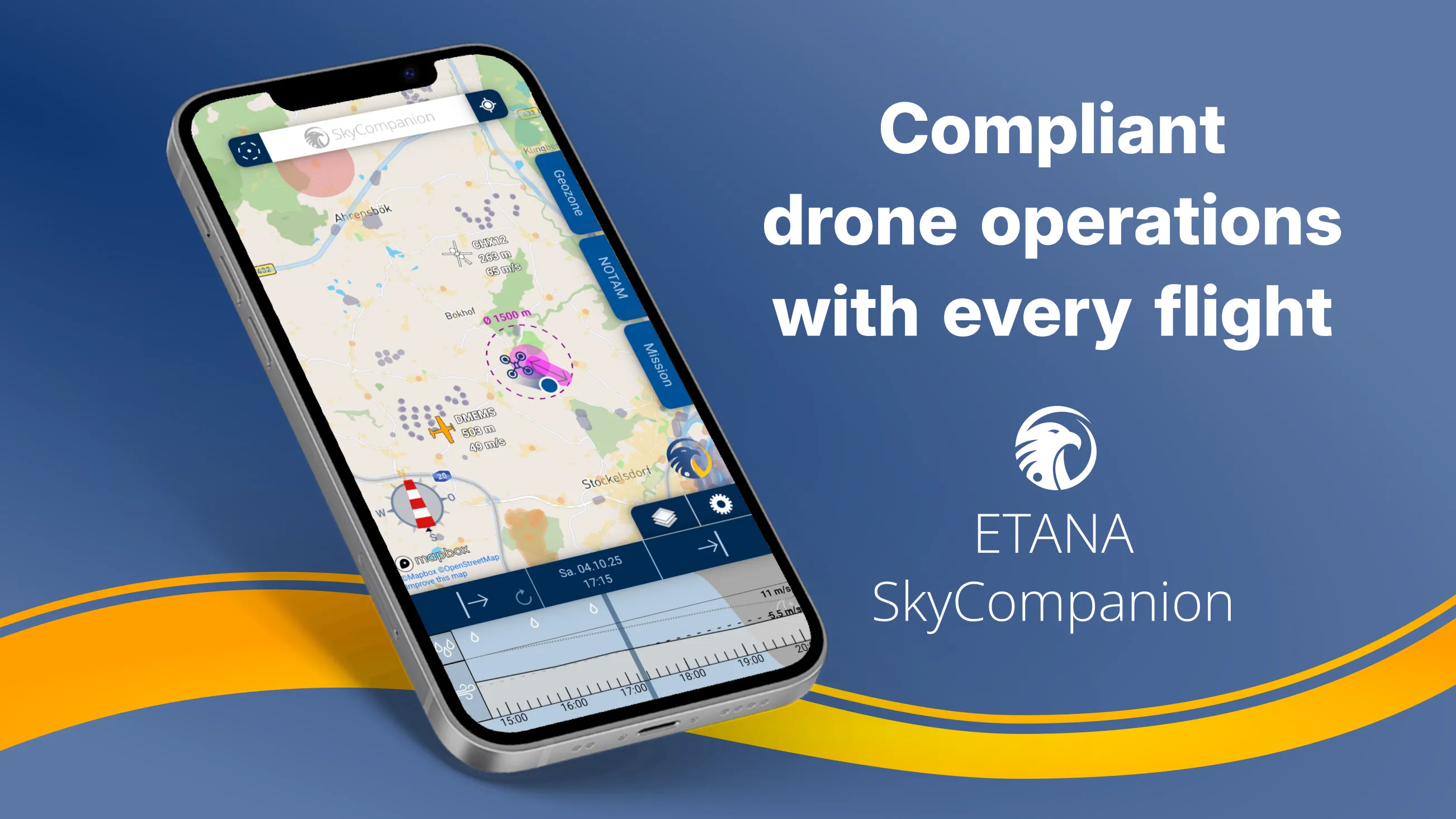 Smartphone with screenshot of app SkyCompanion showing a map with air traffic, air spaces and a time slider element with weather data
