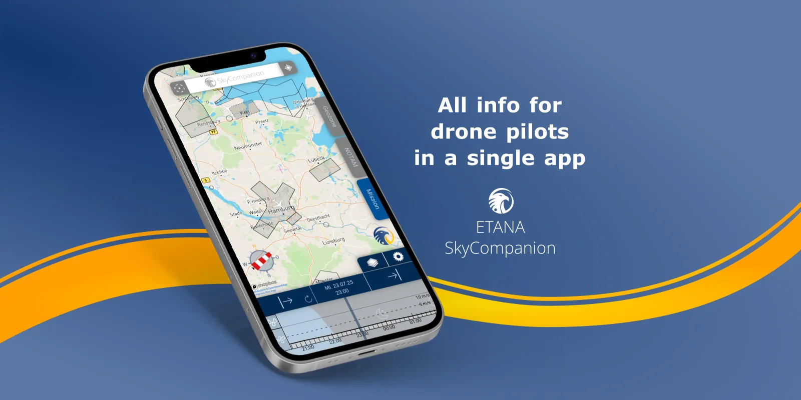 Smartphone with screenshot of app SkyCompanion showing a map with air traffic, air spaces and a time slider element with weather data