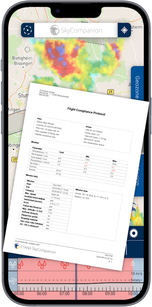 Smartphone with screenshot of app SkyCompanion showing a satellite map and a mission protocol