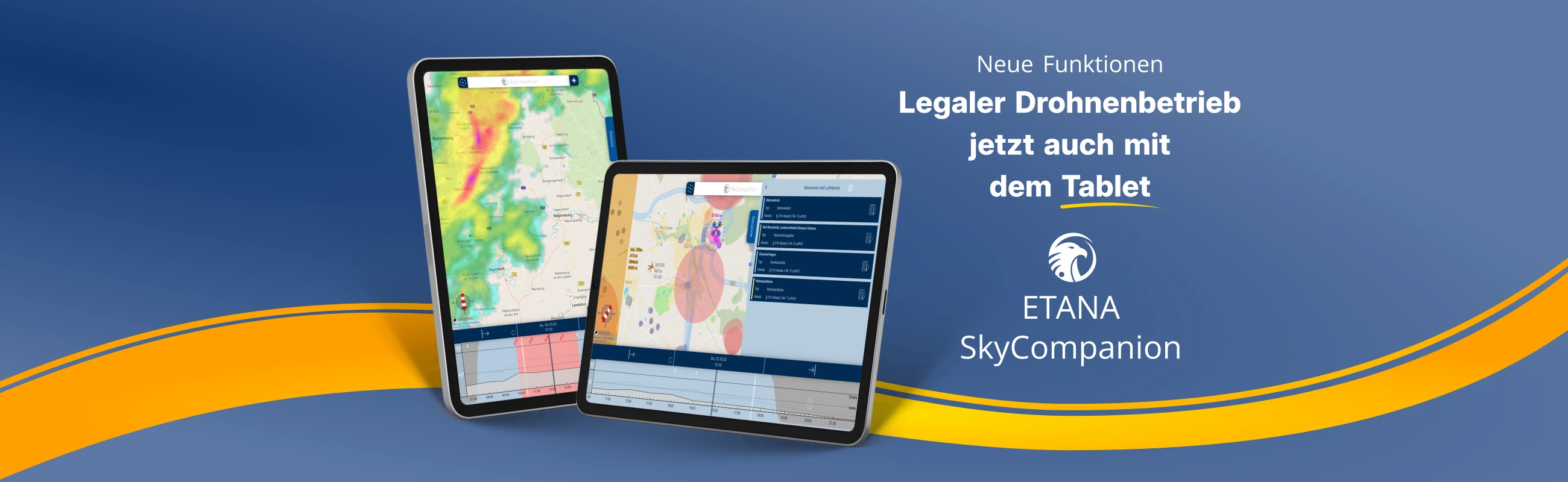 Zwei Tablets mit Screenshots der App SkyCompanion, die eine Karte mit sich näherndem Flugverkehr und ein Wetterradar zeigen – eines im Hochformat, eines im Querformat.