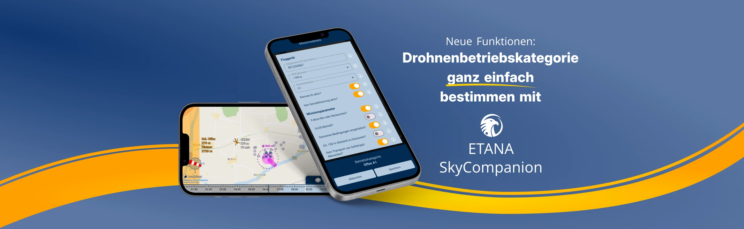 2 Smartphones mit Screenshots der App SkyCompanion, die eine Checkliste und eine Karte mit sich näherndem Flugverkehr zeigen – eines im Hochformat, eines im Querformat.