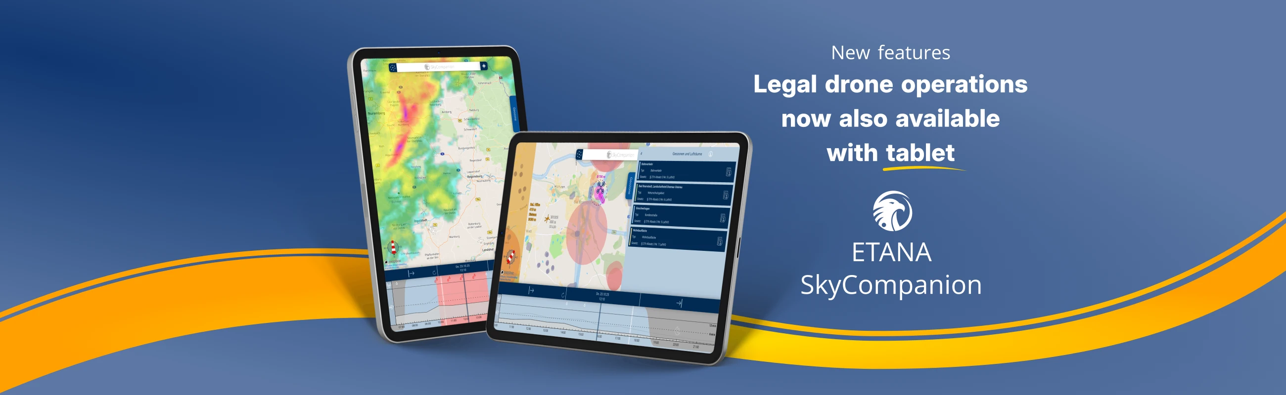 Two tablets with screenshots of the SkyCompanion app showing a map with approaching air traffic and a weather radar — one in portrait format, one in landscape format.