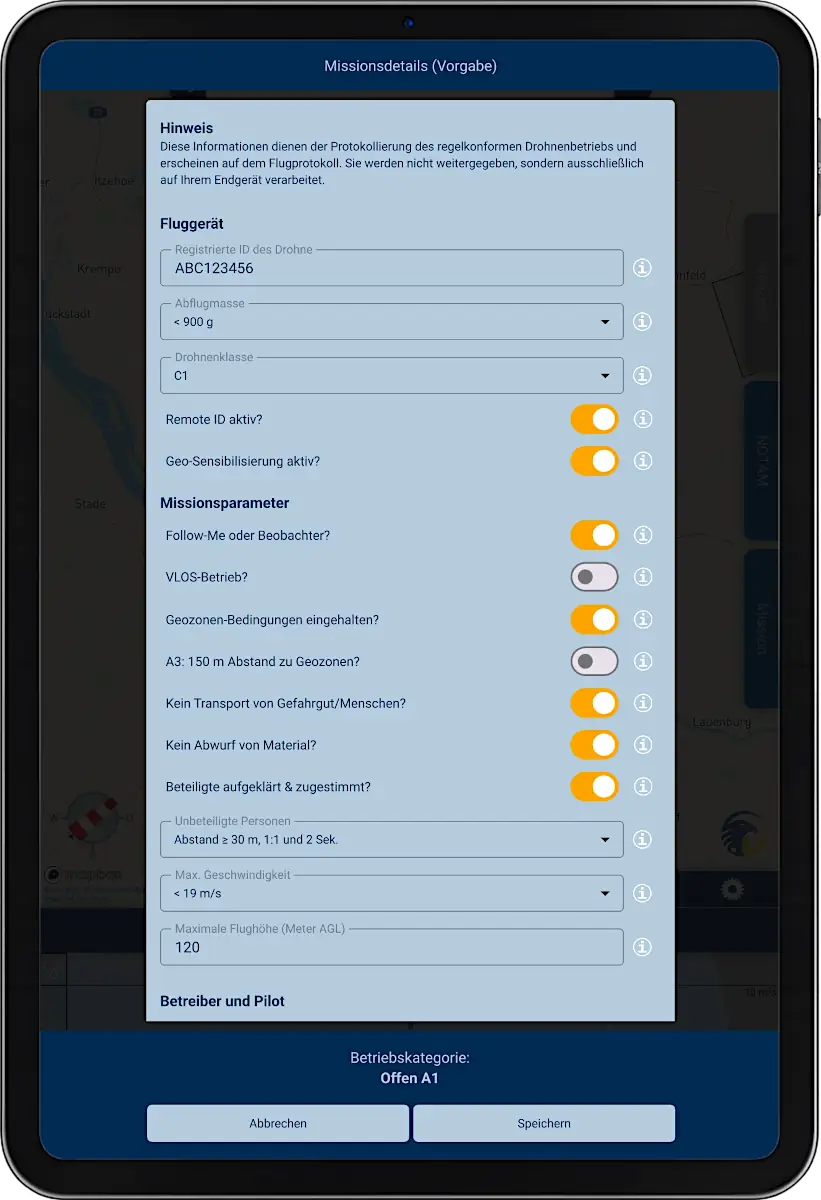 Tablet with screenshot of app SkyCompanion showing a checklist for drone operations.