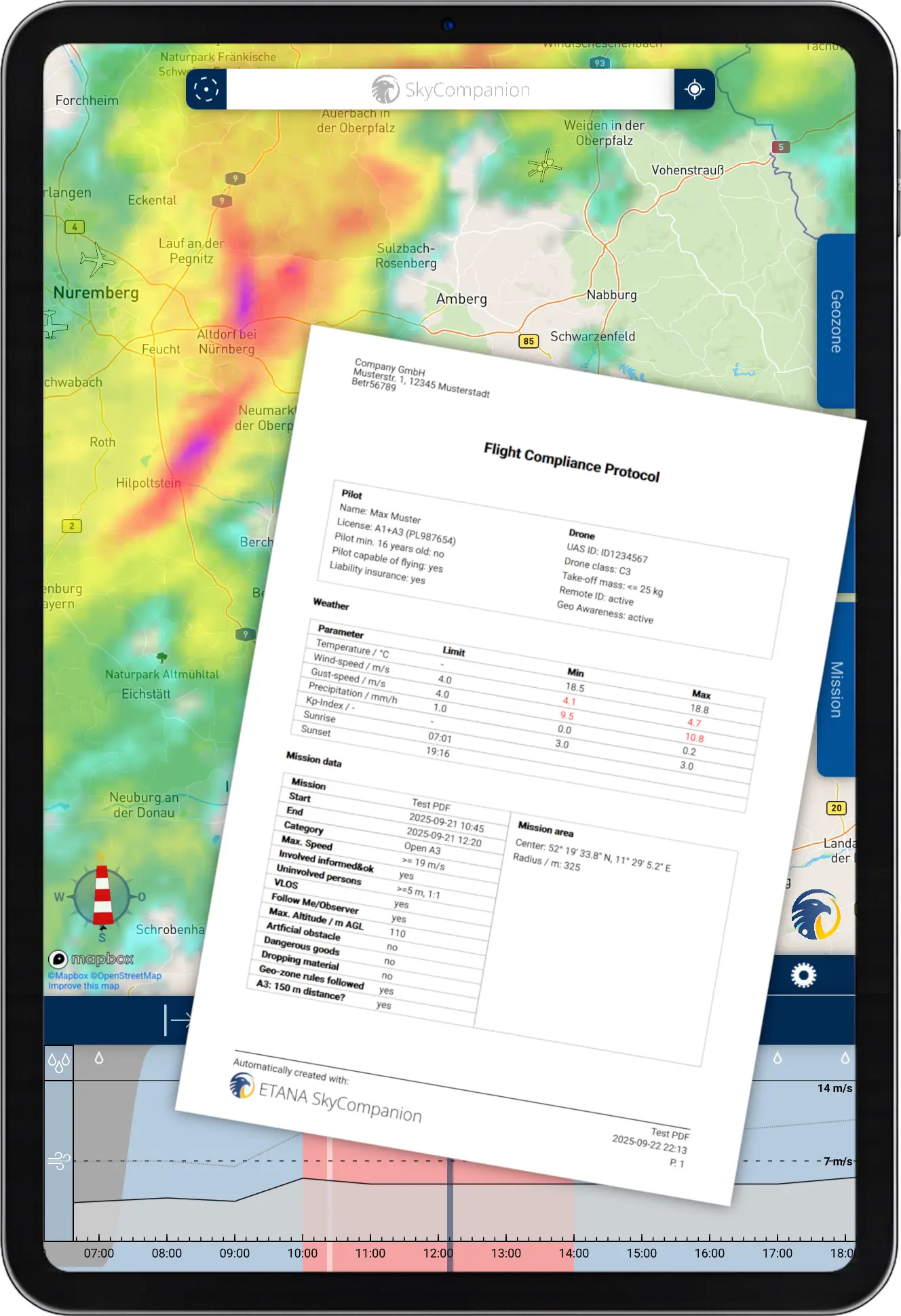 Tablet mit Screenshot der App SkyCompanion, die eine Satellitenkarte und ein Missionsprotokoll anzeigt.