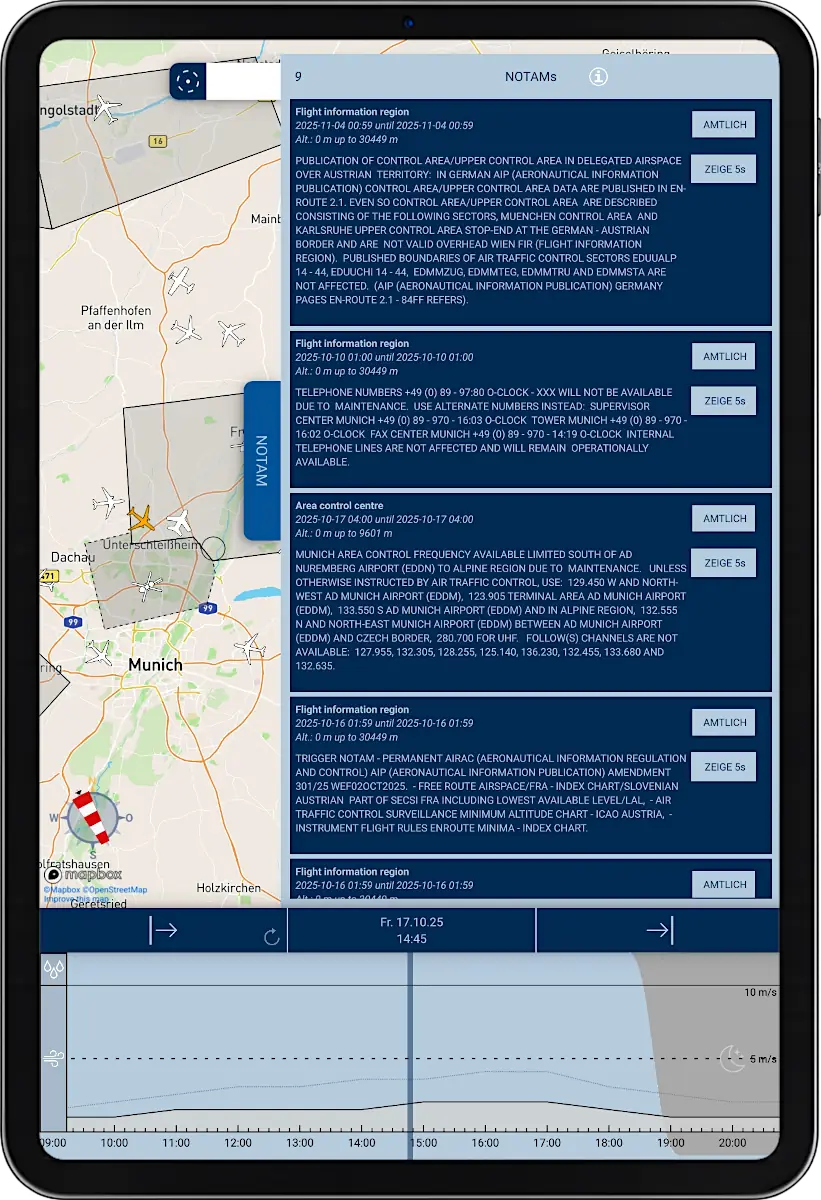 Tablet mit Screenshot der App SkyCompanion, die eine Liste von NOTAMs und einen Zeitschieberegler mit Wetterdaten anzeigt.