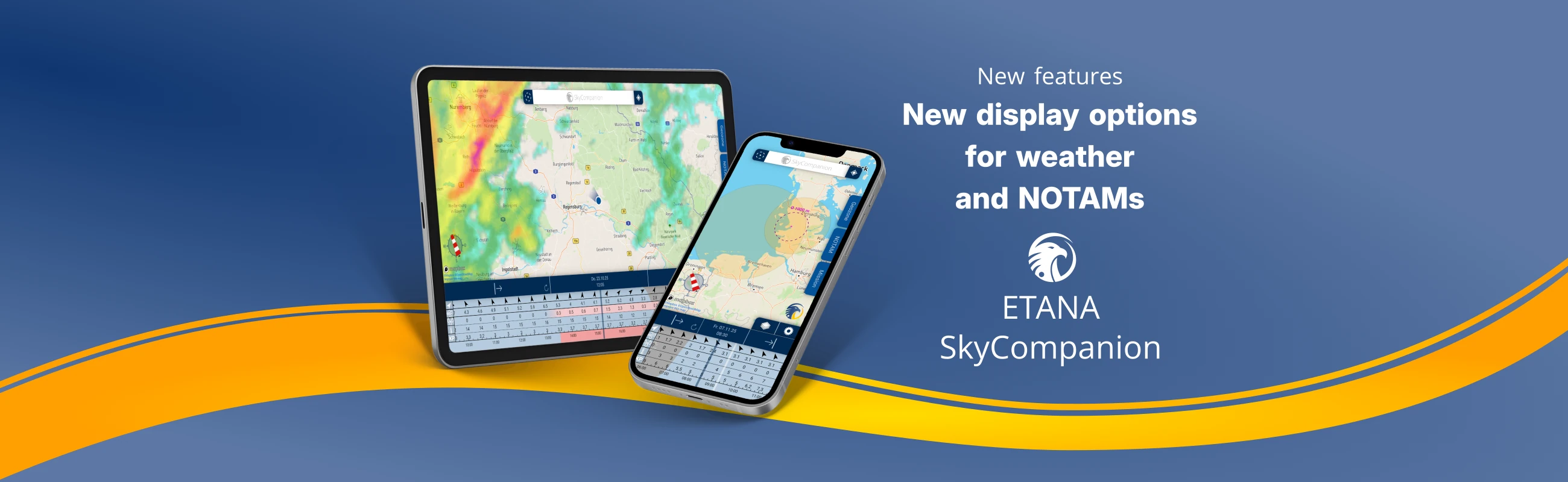 Smartphone and tablet with screenshots of app SkyCompanion showing a map with NOTAMs and a slider element with weather data.