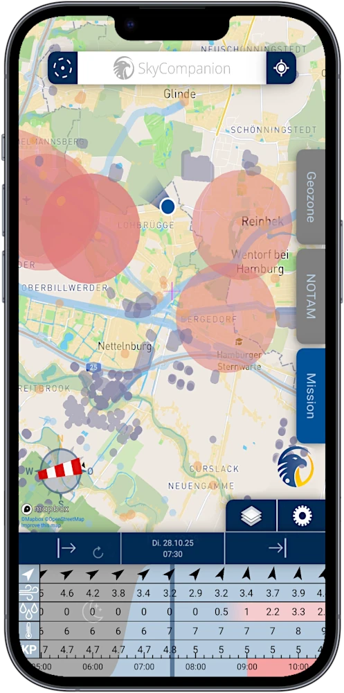 Smartphone with screenshot of app SkyCompanion showing a map with geo-zones and a time slider element with weather data.