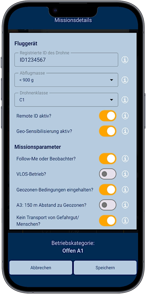 Smartphone mir Screenshot der App SkyCompanion, die eine Checkliste für Drohnenbetrieb zeigt.