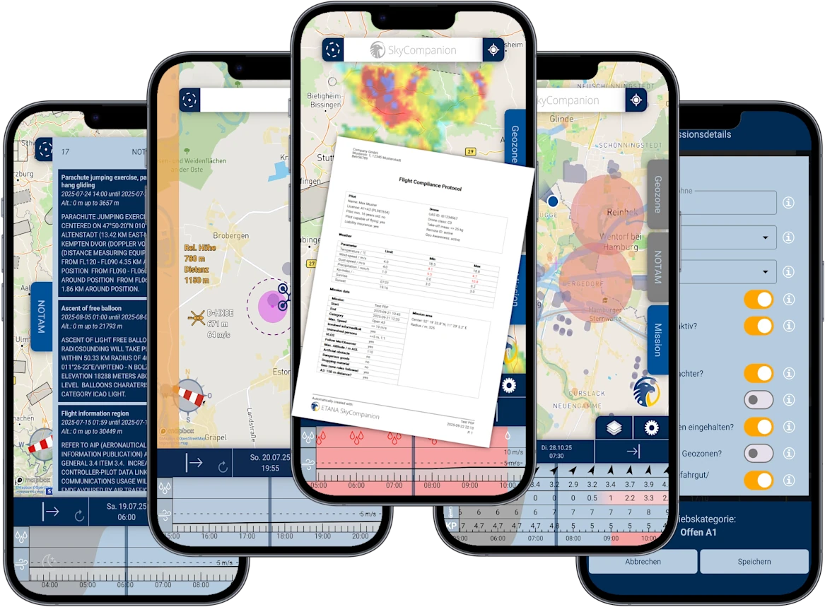 Fünf Smartphones mit verschiedenen Screenshots der App SkyCompanion, die Missionsprotokolle, Geozonen, Wetter, Verkehr und NOTAMs anzeigen.