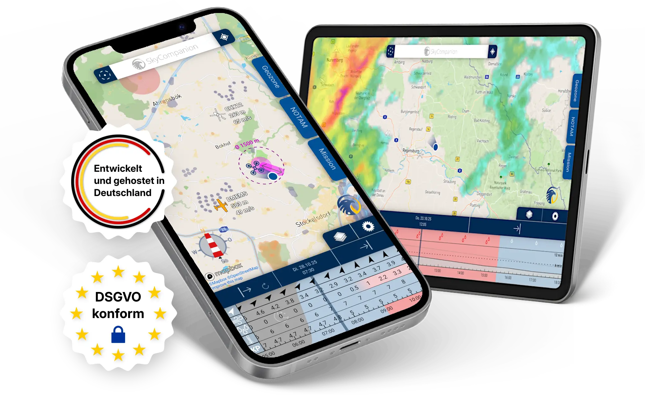 Smartphone und Tablet mit Screenshots der App SkyCompanion, die eine Karte mit Luftverkehr, Lufträumen und einem Zeitschieberegler mit Wetterdaten anzeigt.