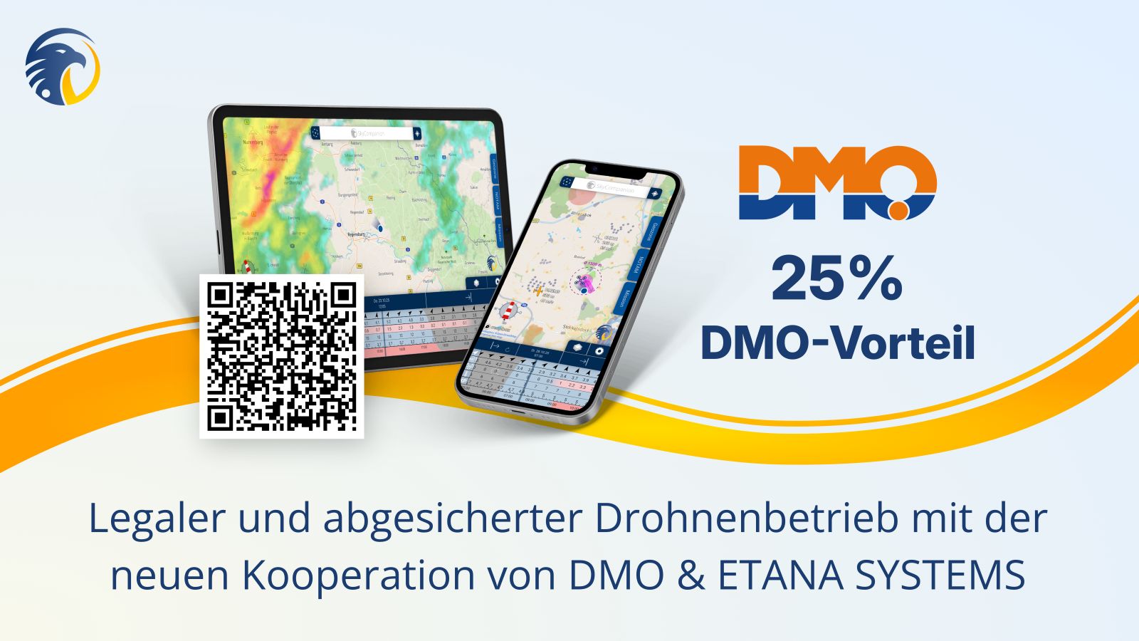 Smartphone und Tablet mit Screenshots der App SkyCompanion, die eine Karte mit Luftverkehr und einen Schiebeelement mit tabellarischen Wetterdaten anzeigt.