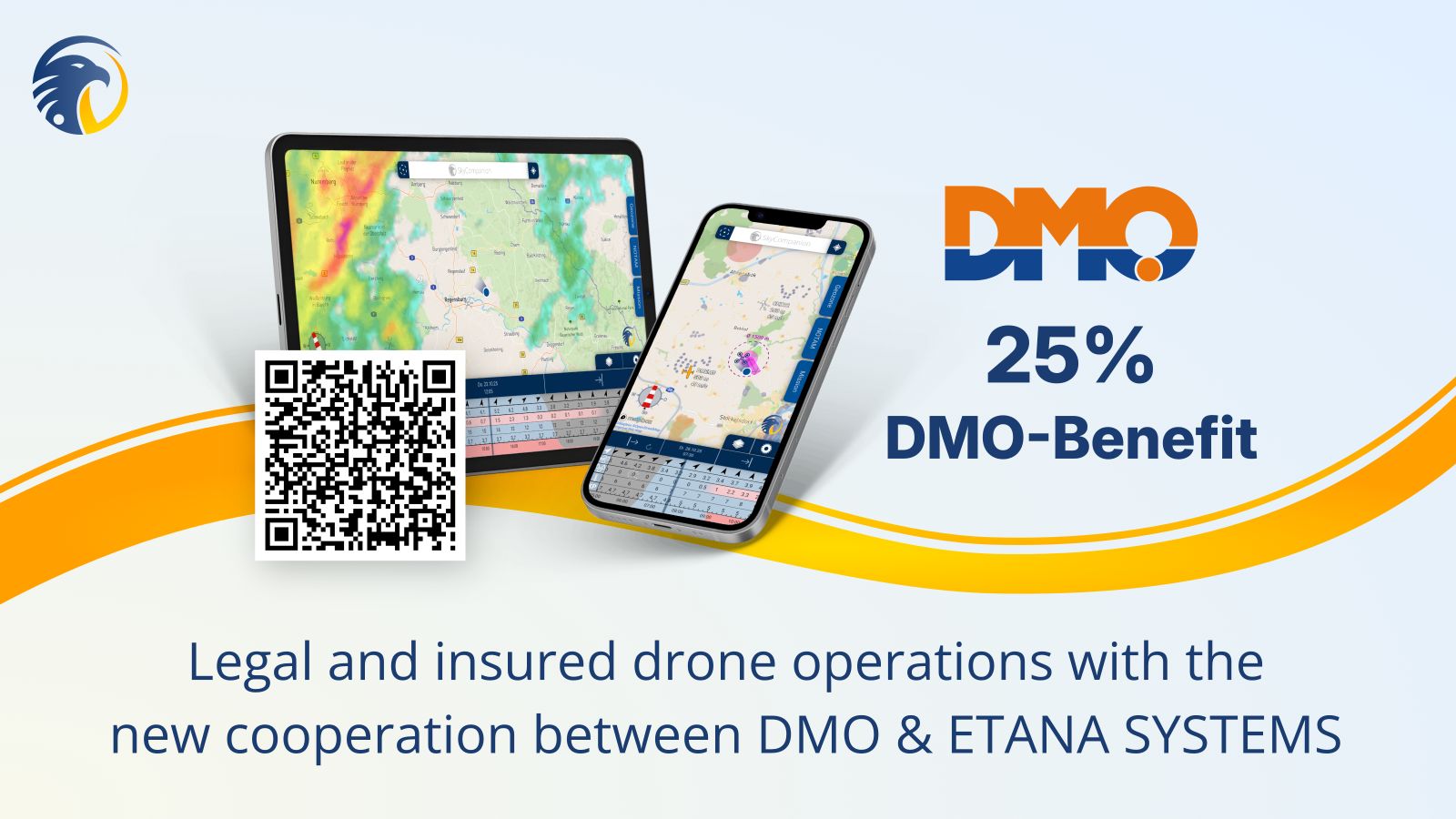 Smartphone and tablet with screenshots of the SkyCompanion app, which displays a map with air traffic and a sliding element with tabular weather data.