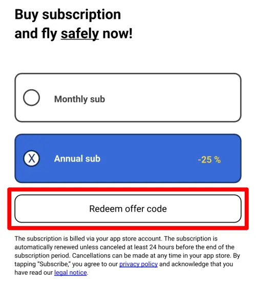 Paywall of ETANA SkyCompanion with different subscription options