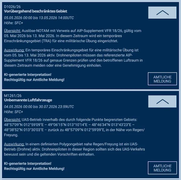 NOTAM-Elemente im ETANA SkyCompanion