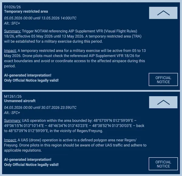 NOTAM elements nin ETANA SkyCompanion