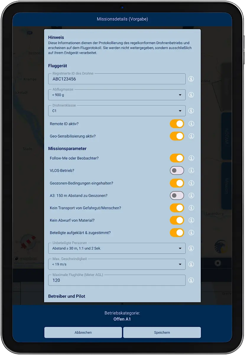 Tablet mit Screenshot der App SkyCompanion, die eine Checkliste für Drohnenbetrieb zeigt.