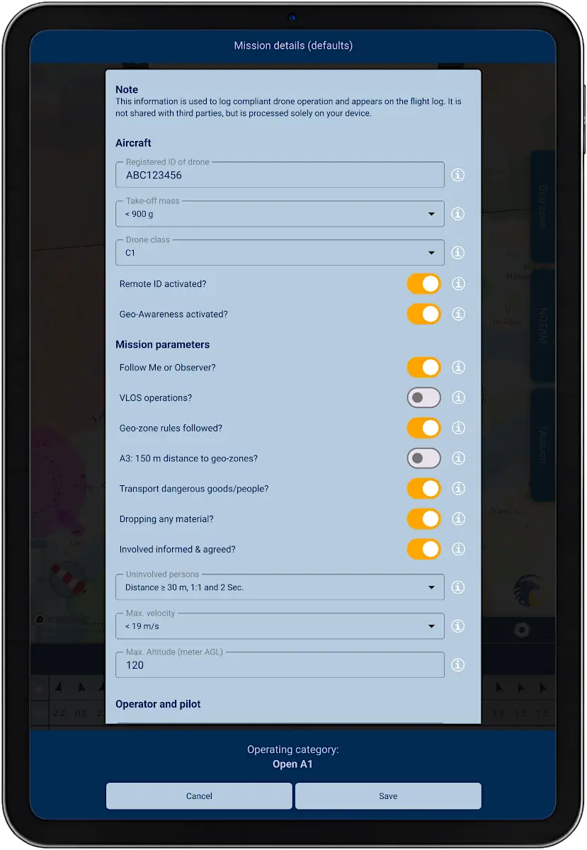 Tablet with screenshot of app SkyCompanion showing a checklist for drone operations.