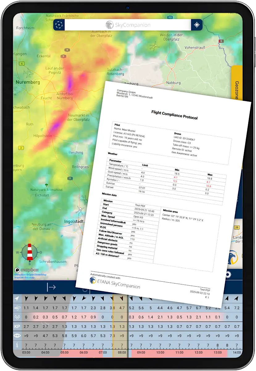 Tablet with screenshot of app SkyCompanion showing a map with weather radar and a mission protocol.