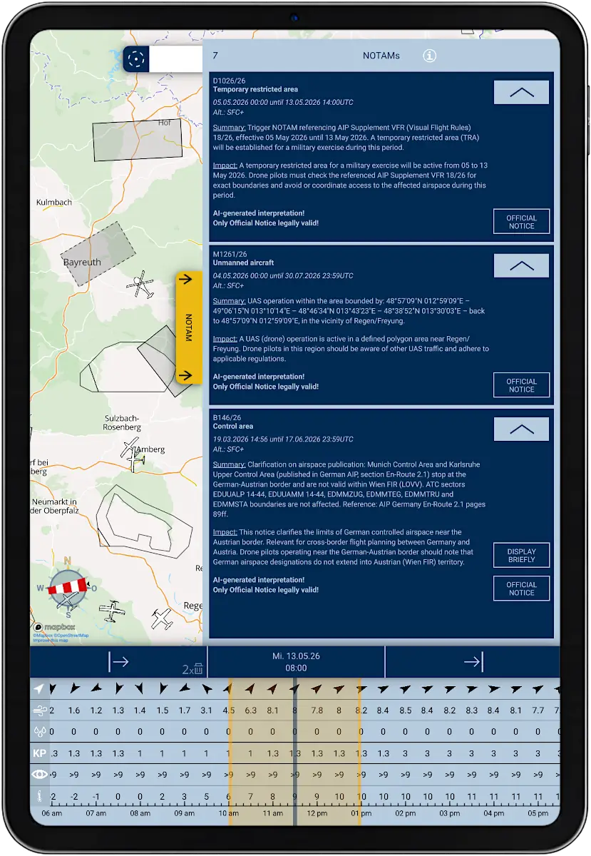 Tablet with screenshot of app SkyCompanion showing a list of NOTAMs and a time slider element with weather data.