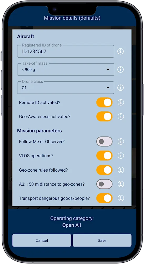 Smartphone with screenshot of app SkyCompanion showing a checklist for drone operations.