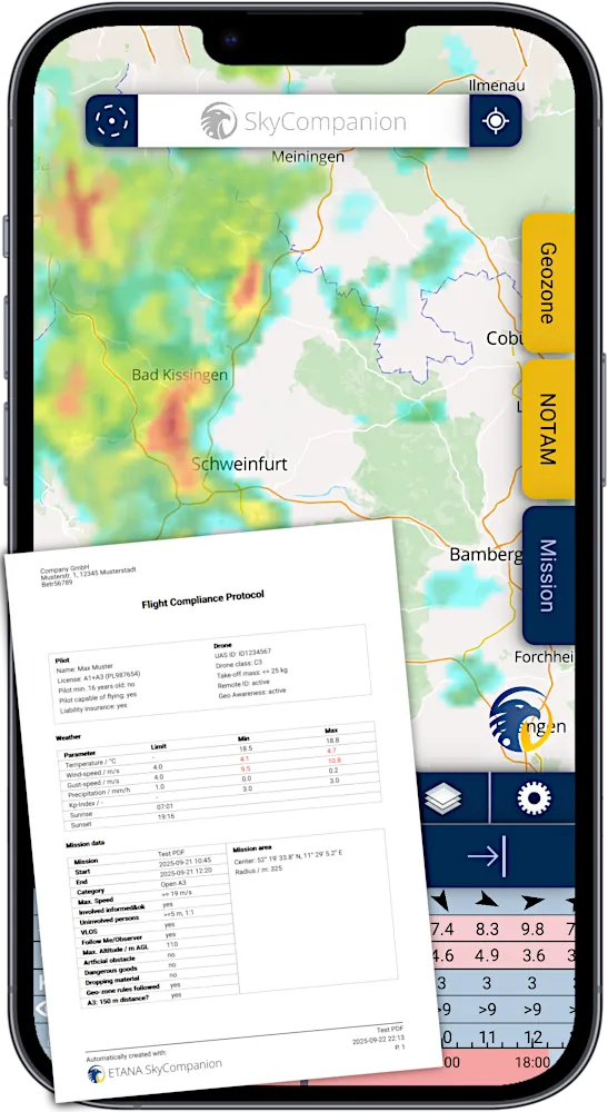 Smartphone with screenshot of app SkyCompanion showing a map with weather radar and a mission protocol.