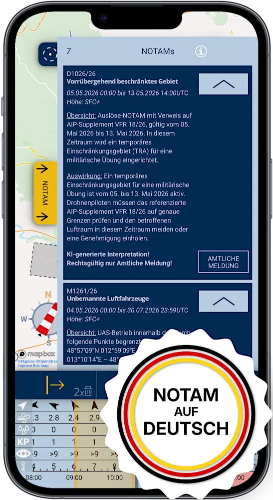 Smartphone mit Screenshot der App SkyCompanion, die eine Liste von NOTAMs und einen Zeitschieberegler mit Wetterdaten anzeigt.