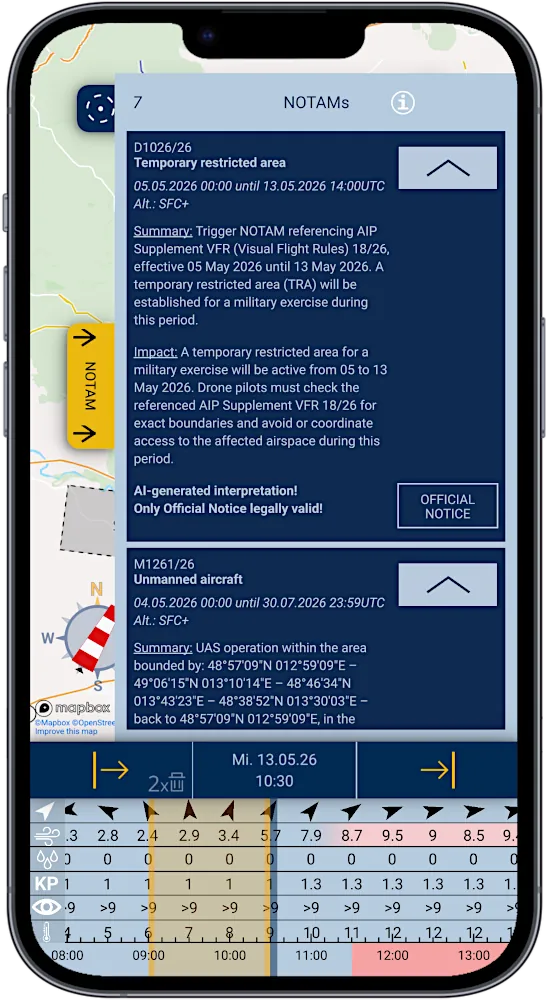 Smartphone with screenshot of app SkyCompanion showing a list of NOTAMs and a time slider element with weather data.